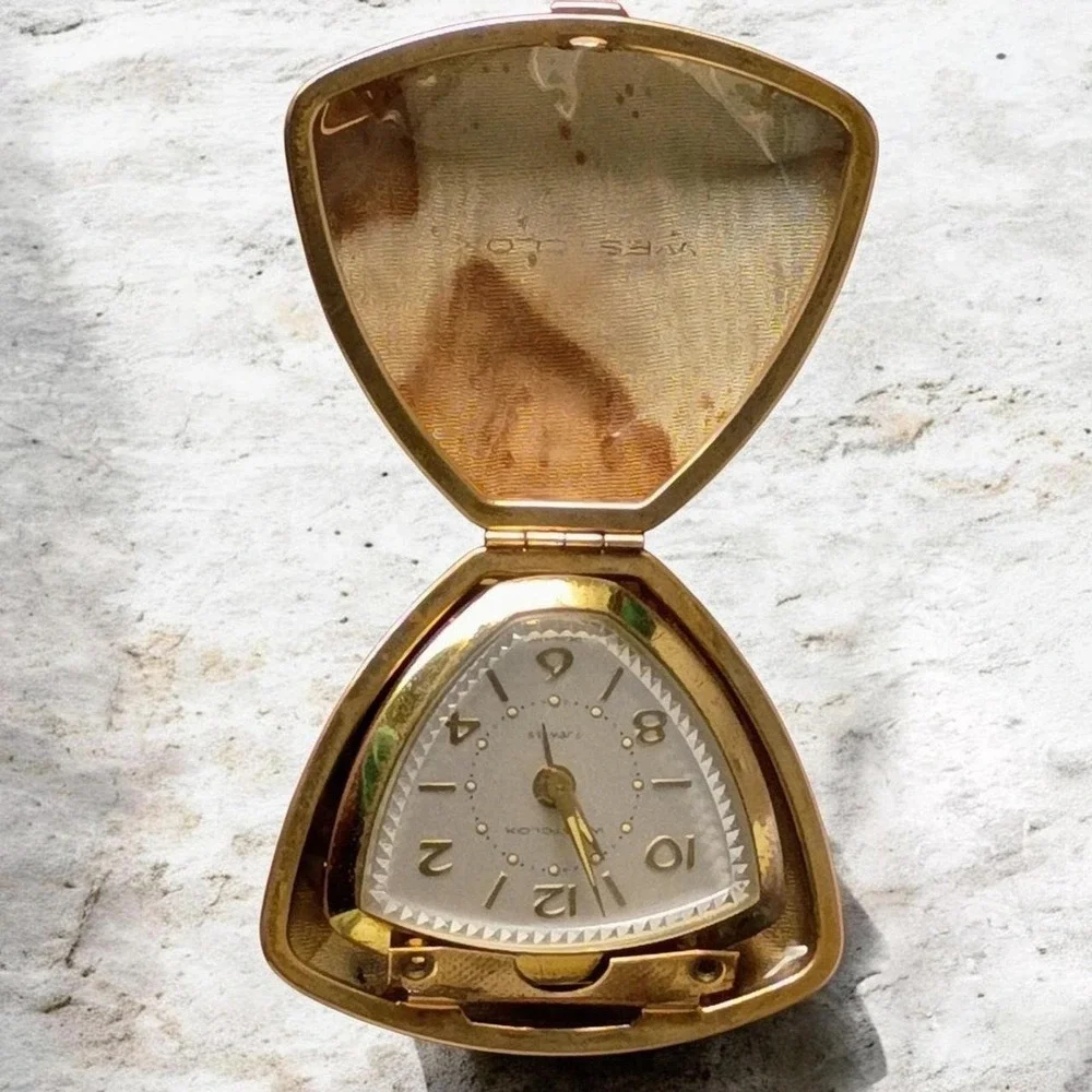 Vintage Westclox 7 Jewels Travel Alarm Clock Germany Gold Case Shield Working